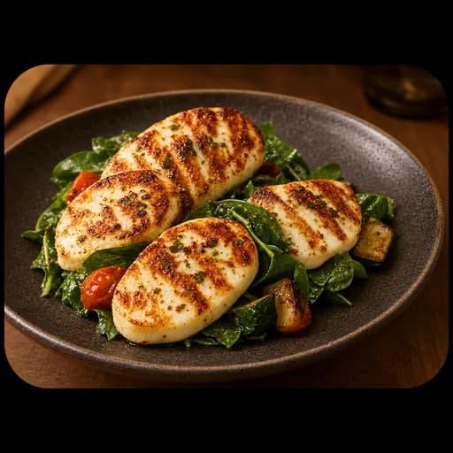 Photo of charred halloumi on greens in a dark bowl