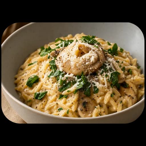 Photo of mushroom orzo with parsley and parmesan