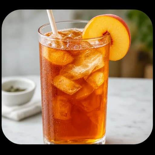 Photo of peach iced tea with a peach slice