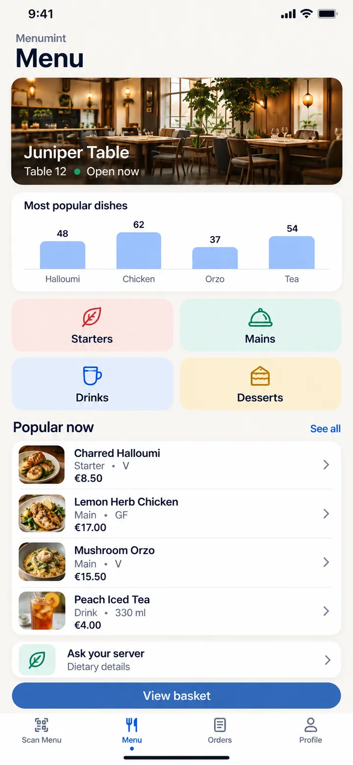 Menumint Menu screen: Juniper Table banner, a most-popular-dishes chart, four category tiles and a Popular now list above a View basket button