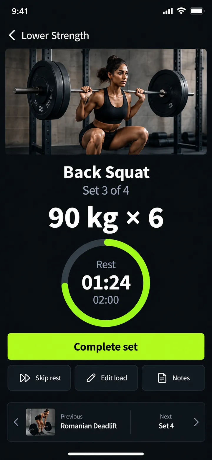 PulseForge Live Workout screen: Back Squat, set 3 of 4, 90 kg × 6, a lime rest timer at 01:24 of 02:00 and a Complete set button